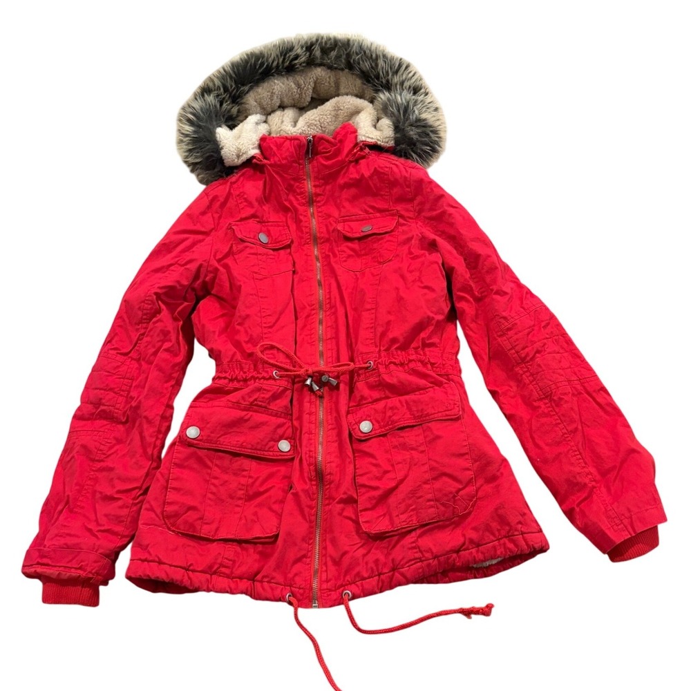 Greenlander Womens Red Faux Fur Hooded Parka Jacket Sherpa Lined Coat Size M